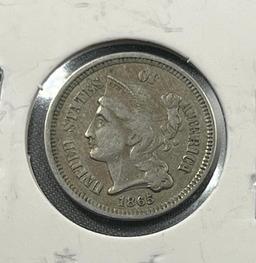 1865 US 3 Cent Nickel, Civil War Coin