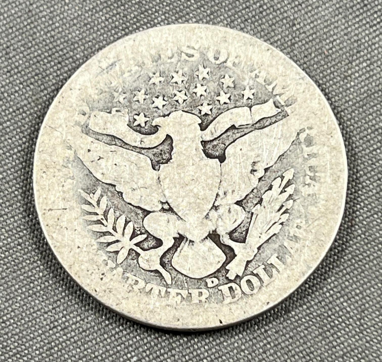 1908-D Barber Quarter Dollar, 90% Silver