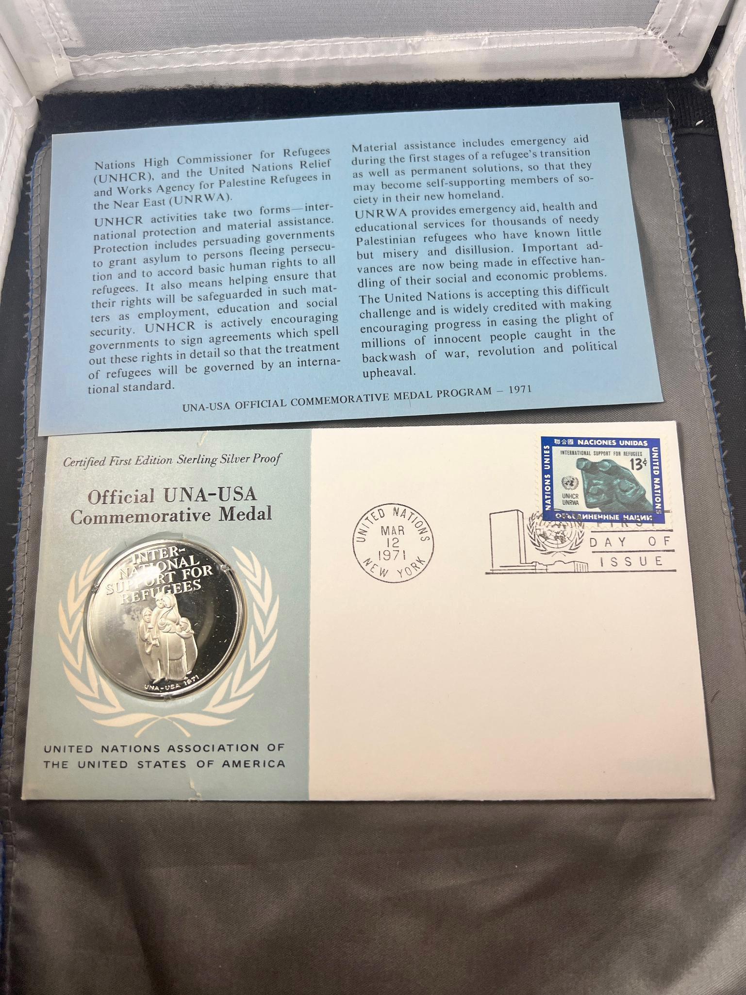 Franklin Mint United Nations Sterling medal w/ info card, and stamp/ postmark