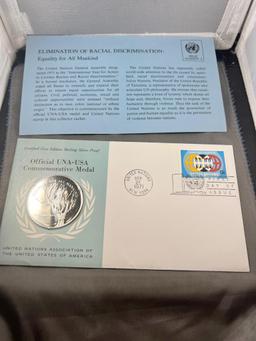 Franklin Mint United Nations Sterling medal w/ info card, and stamp/ postmark