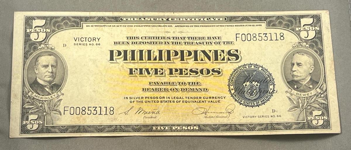 Victory Series no. 66 Philippines Five Peso Bank Note, better quality