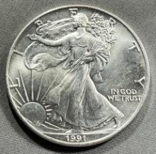 1991 US Silver Eagle Dollar Coin, .999 Fine Silver