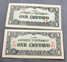 Pair of Japanese Government One Centavo Bank Notes, AU