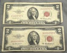 2- 1953 $2.00 Red Seal US Banknotes