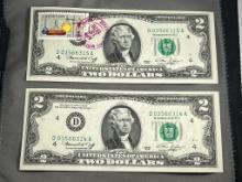 2- 1976 First Day Issue $2.00 Notes, w/ sequential serial numbers and Zanesville Ohio Stamps