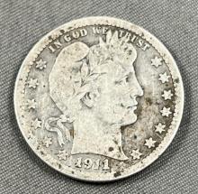 1911 Barber Quarter Dollar, 90% Silver