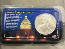 2000 US Silver Eagle Dollar Coin in Littleton Holder, .999 Silver