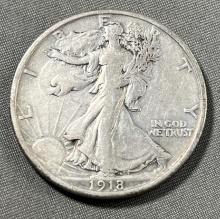 1918 US Walking Liberty Half Dollar, 90% Silver