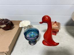 Box lot w/ pottery and carnival glass
