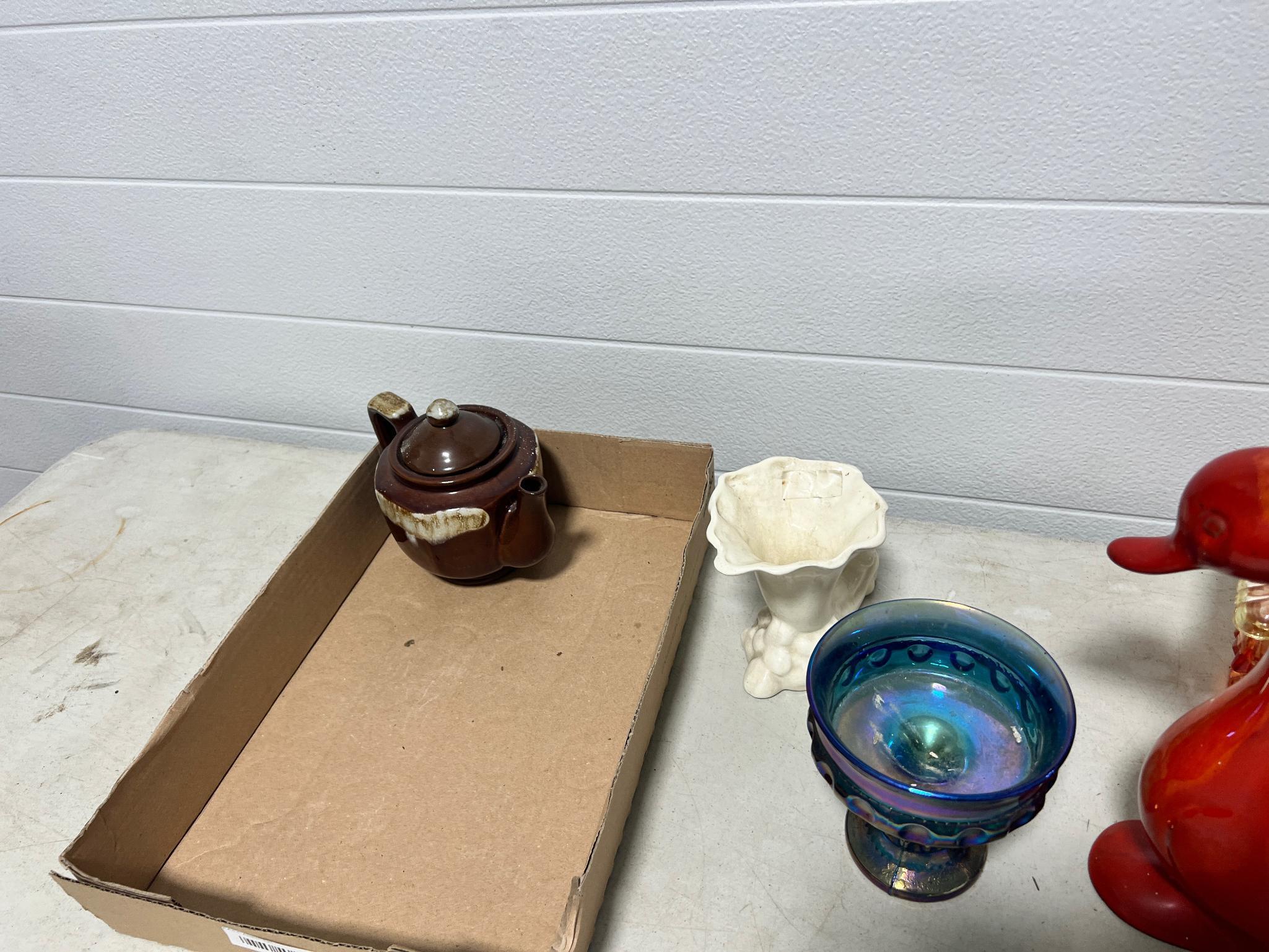 Box lot w/ pottery and carnival glass