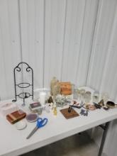 Lot of Misc. bottles, salt and pepper, milk glass, tin, plastic cars and more, TABLE NOT INCLUDED