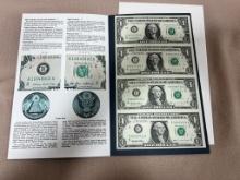 Uncut sheet of 4- 1995 $1.00 Federal Reserve notes