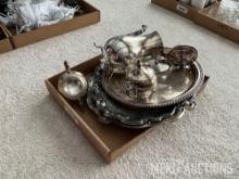 Silver plate, tea pot, creamer & sugar & serving trays