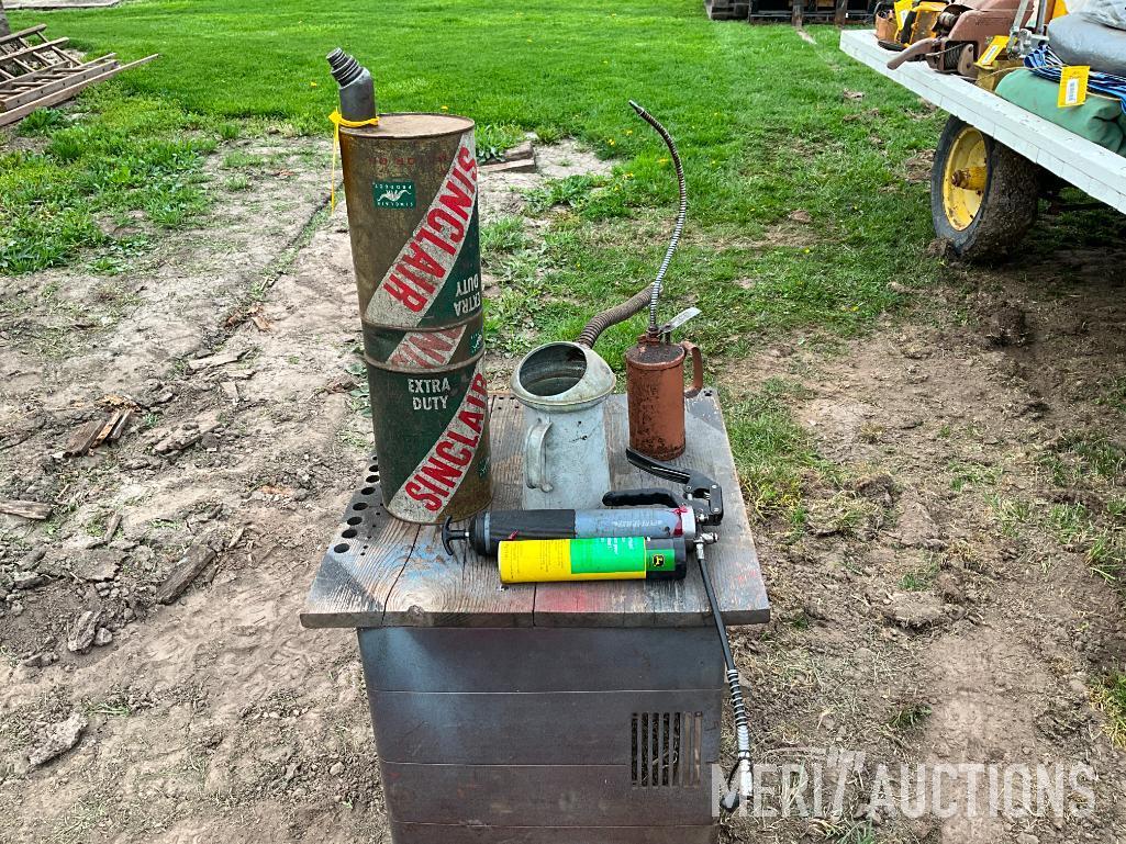 Oil can, grease gun, Vintage Sinclair cans etc.