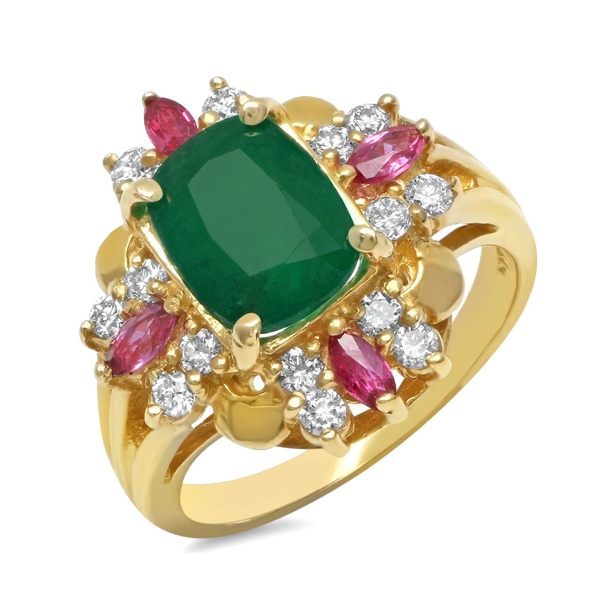 14K YELLOW GOLD 3.37CT EMERALD 0.93CT DIAMOND 0.25CT RUBY RING