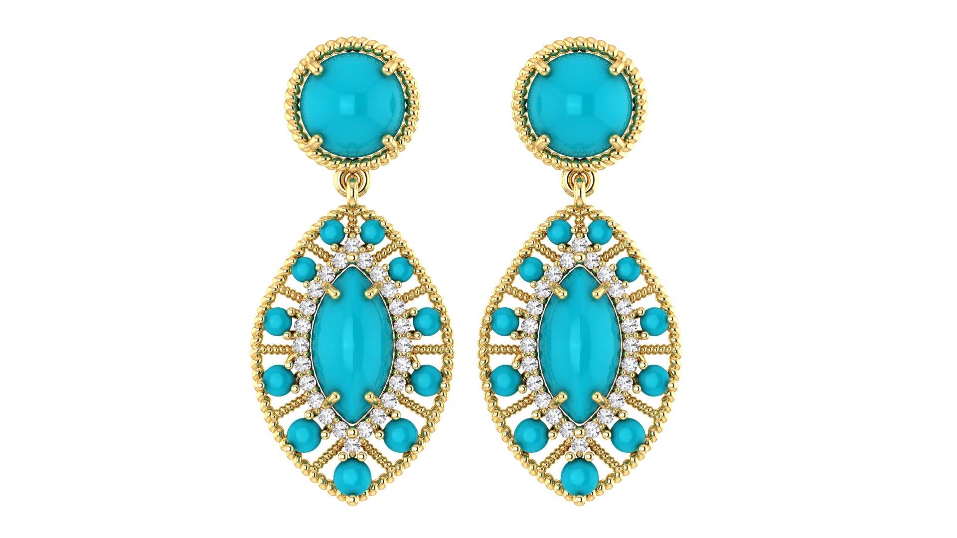 14K YELLOW GOLD 30.00CT TURQUOISE 2.00CT DIAMOND EARRINGS