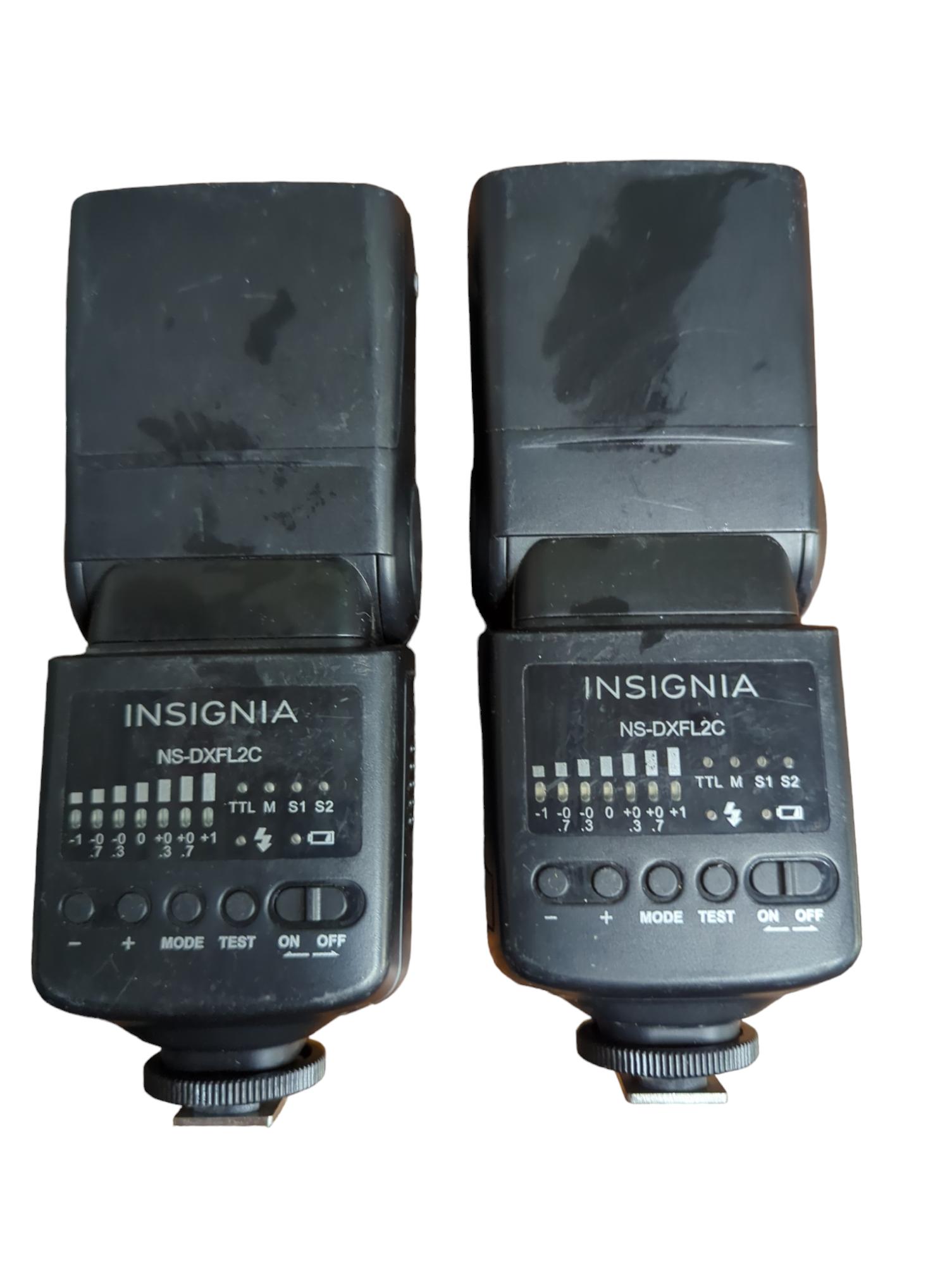 Pair of Insignia NS-DXFL2C Black Portable Hot Shoe Mount TTL External Flashes