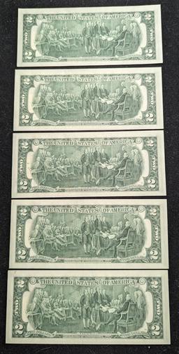 Five SEQUENTIAL 1976 $2 Dollar Bill Cancelled U.S. Postage Stamp 1776-1976 Bicentennial Notes