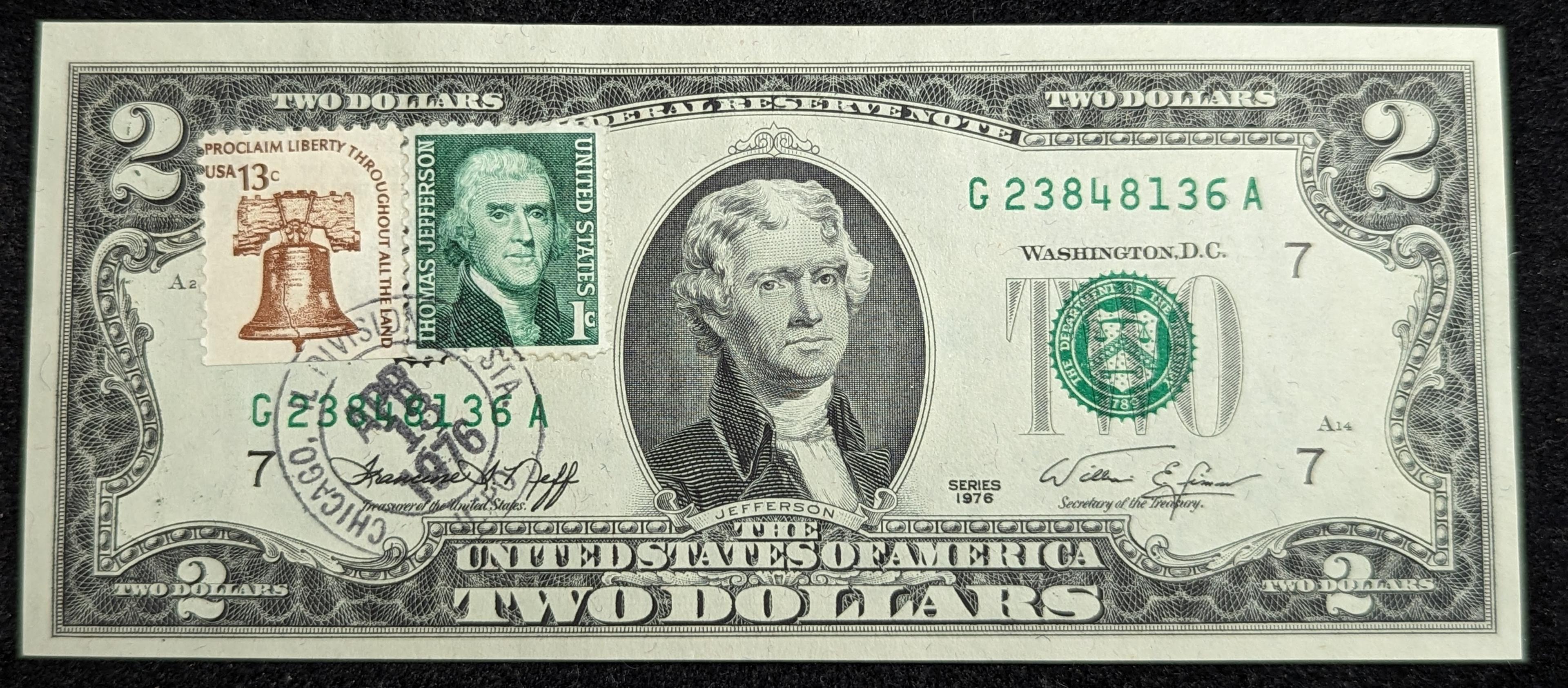 1976 $2 Dollar Bill Cancelled U.S. Postage Stamp 1776-1976 Bicentennial Note