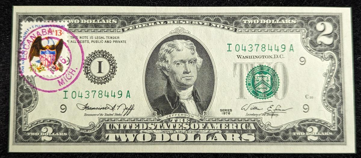 1976 $2 Dollar Bill Cancelled U.S. Postage Stamp 1776-1976 Bicentennial Note