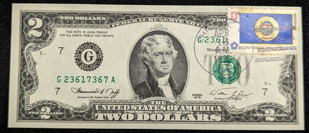 1976 $2 Dollar Bill Cancelled U.S. Postage Stamp 1776-1976 Bicentennial Note