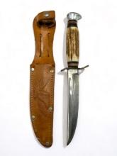 Vintage German hunting knife with antler handle in leather sheath