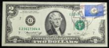 1976 $2 Dollar Bill Cancelled U.S. Postage Stamp 1776-1976 Bicentennial Note