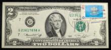 1976 $2 Dollar Bill Cancelled U.S. Postage Stamp 1776-1976 Bicentennial Note