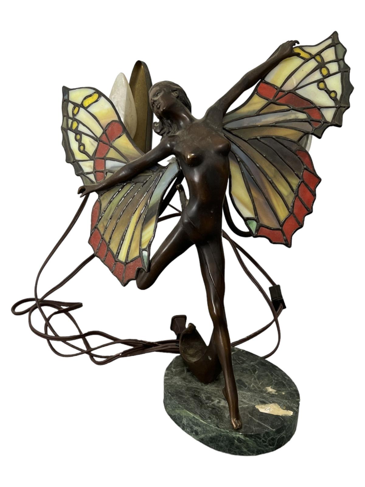 ART DECO FAIRY BUTTERFLY GIRL BRONZE NUDE STATUE LAMP