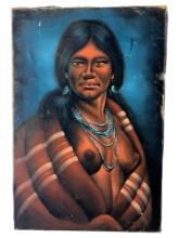 VINTAGE 1960S 70S BLACK VELVET PAINTING RISQUE PIN-UP NUDE NATIVE AMERICAN