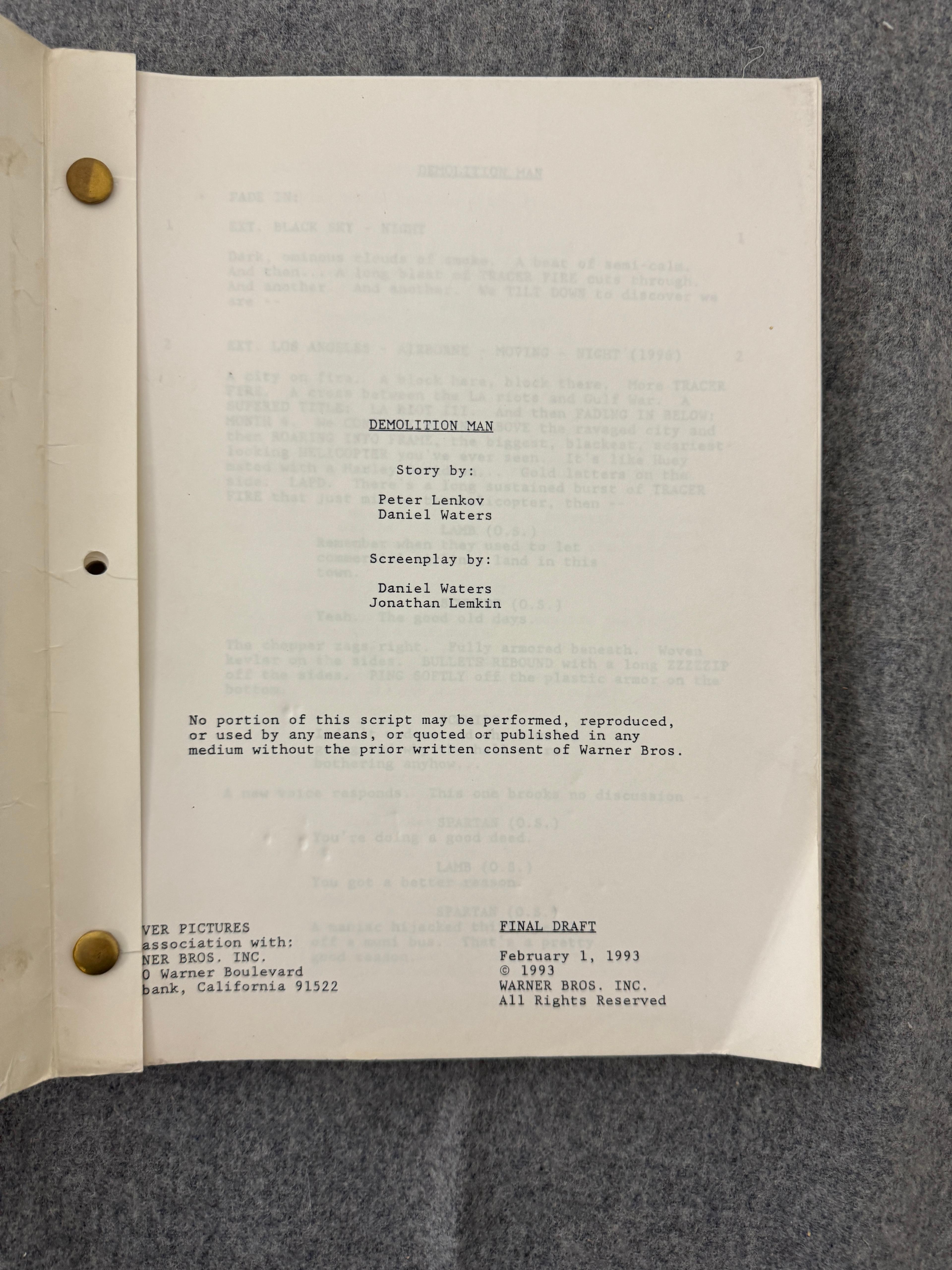 Sylvester Stallone Demolition Man Final Draft Script with Photo Negative Warner Bros.