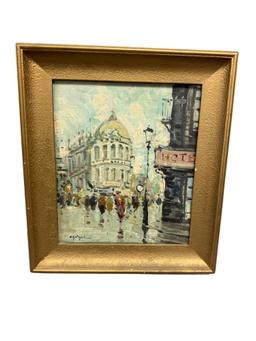 French Street Scene Oil Painting On Board Signed Bottom Left