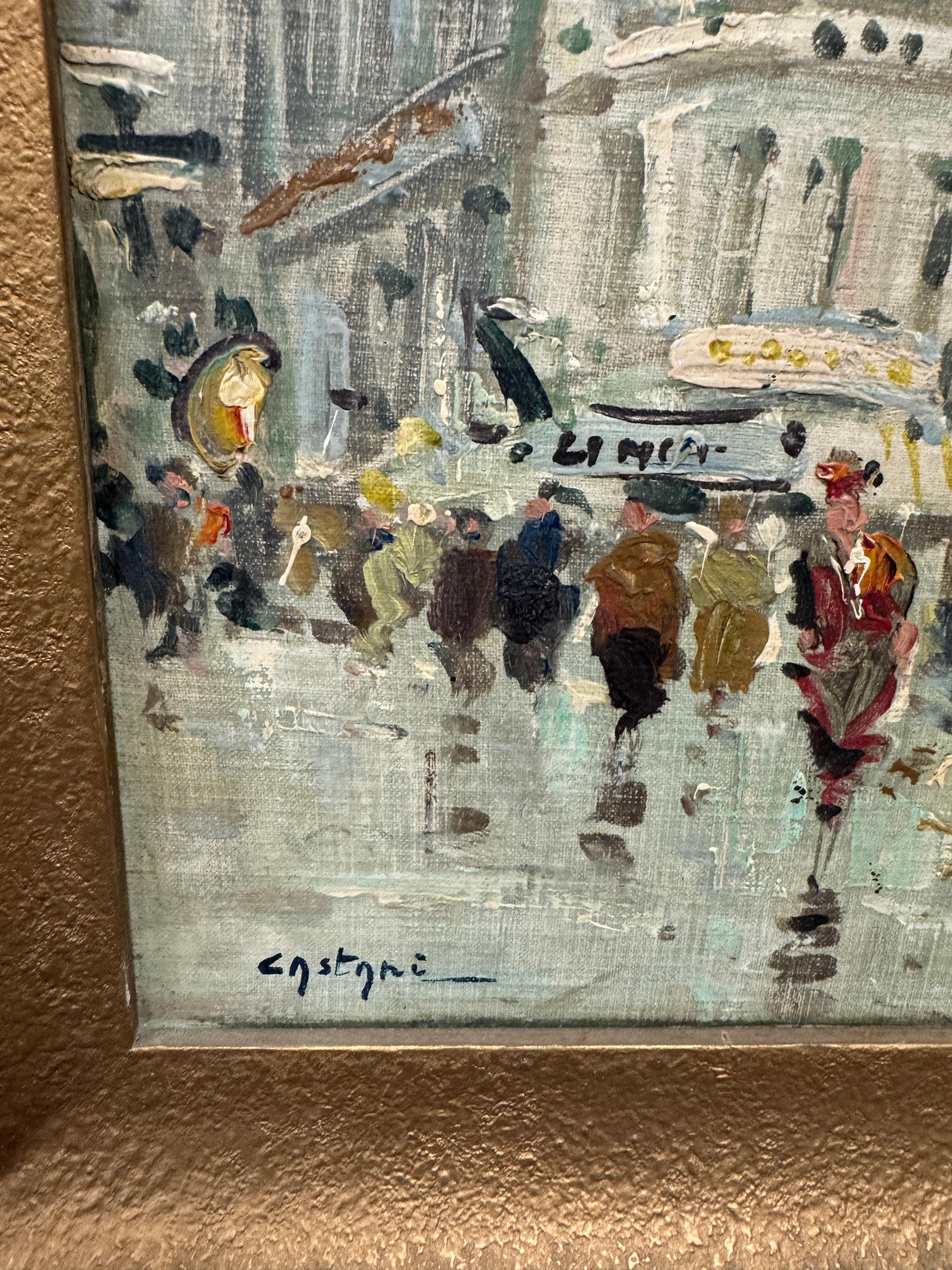 French Street Scene Oil Painting On Board Signed Bottom Left