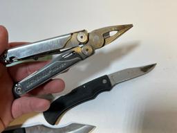 FOLDING KNIFES ASSORTED - INCLUDING (1) SWAMP LIZARD (1) LEATHERMAN WAVE MU