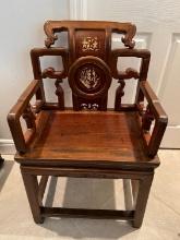 ORIENTAL WOOD ARM CHAIR - CARVED - POLISHED WITH MOTHER OF PEARL INLAID BAC