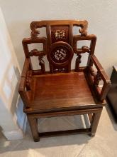 ORIENTAL WOOD ARM CHAIR - CARVED-  WITH MOTHER OF PEARL INLAID BACK