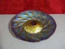 18" Blue Glass Bowl with Gold Leaf Pattern