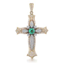 14K YELLOW GOLD 3.00CT EMERALD 3.00CT DIAMOND CROSS