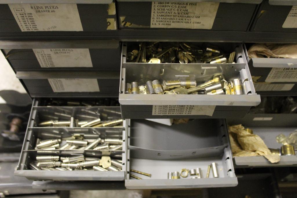 48-Drawer Organizer with Assorted Plugs, Cylinders, Mortise Cylinders, Cams and Shells.