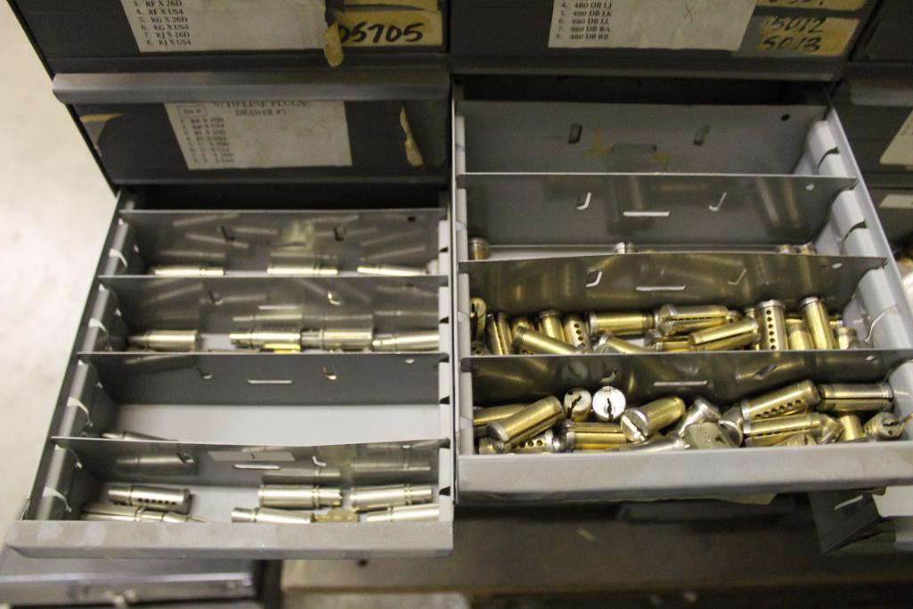 48-Drawer Organizer with Assorted Plugs, Cylinders, Mortise Cylinders, Cams and Shells.