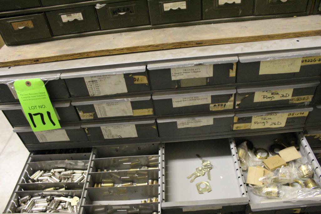 48-Drawer Organizer with Assorted Plugs, Cylinders, Mortise Cylinders, Cams and Shells.