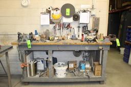 Contents of Work Bench to Inlcude Hand Tools, Holesaws, Tape Measures and Brackets