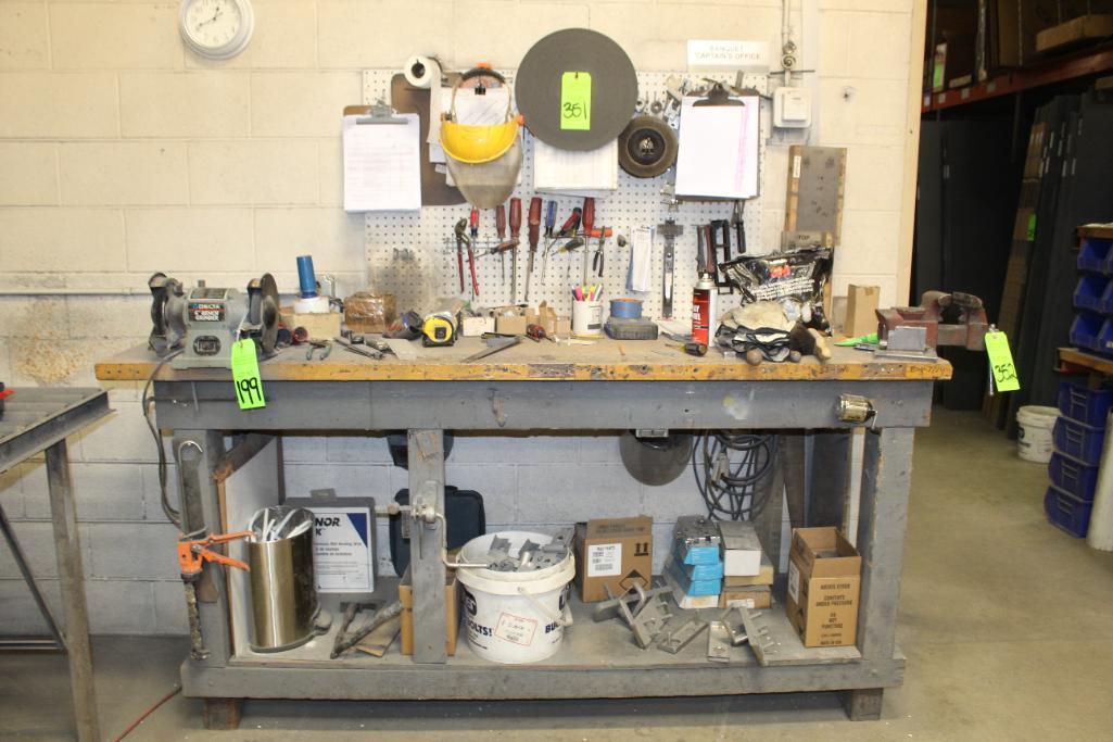 Contents of Work Bench to Inlcude Hand Tools, Holesaws, Tape Measures and Brackets