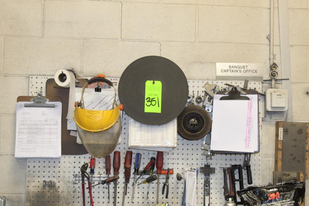 Contents of Work Bench to Inlcude Hand Tools, Holesaws, Tape Measures and Brackets