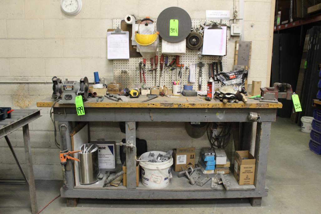 Contents of Work Bench to Inlcude Hand Tools, Holesaws, Tape Measures and Brackets