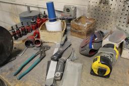 Contents of Work Bench to Inlcude Hand Tools, Holesaws, Tape Measures and Brackets