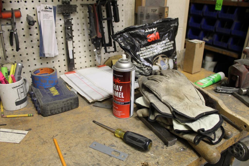 Contents of Work Bench to Inlcude Hand Tools, Holesaws, Tape Measures and Brackets