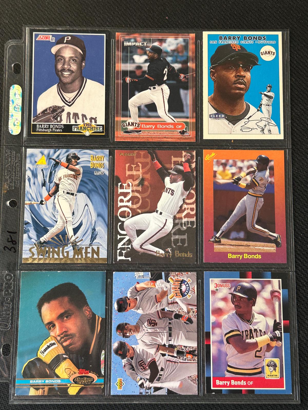 Barry Bonds 9 Card Baseball Lot in Pages - Different years, conditions