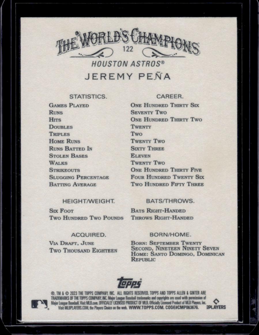 Jeremy Pena 2023 Topps Allen and Ginter #122