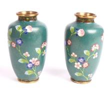 Pair Chinese Famille Verte Cloisonne Vases
